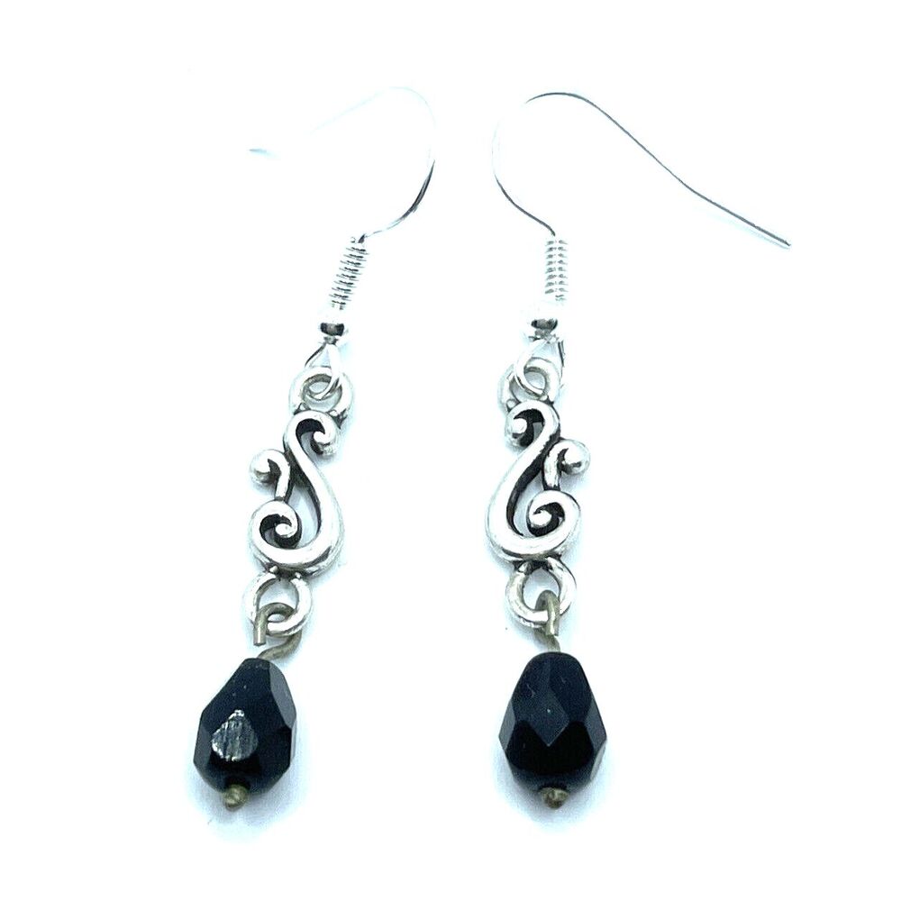 Brighton VIVALDI Silver Scrollwork Black Teardrop Beads Custom Silver Earrings